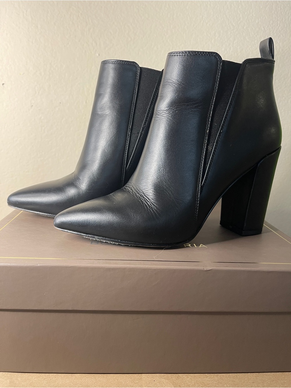 BCBG Black Leather Pointed Toe Block Heel Booties